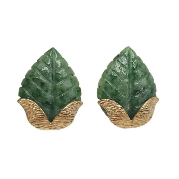 Amco 1/20 14k Gold Filled Chrysoprase Green Leaf Earrings Screw Back Closure Vtg - Picture 1 of 4